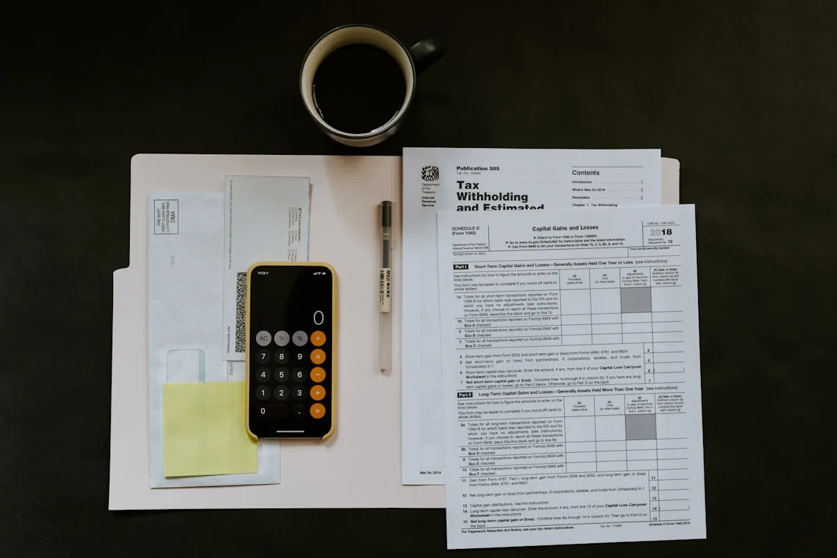 Calcolatrice e notebook su scrivania per simulazione tasse partita IVA freelancer